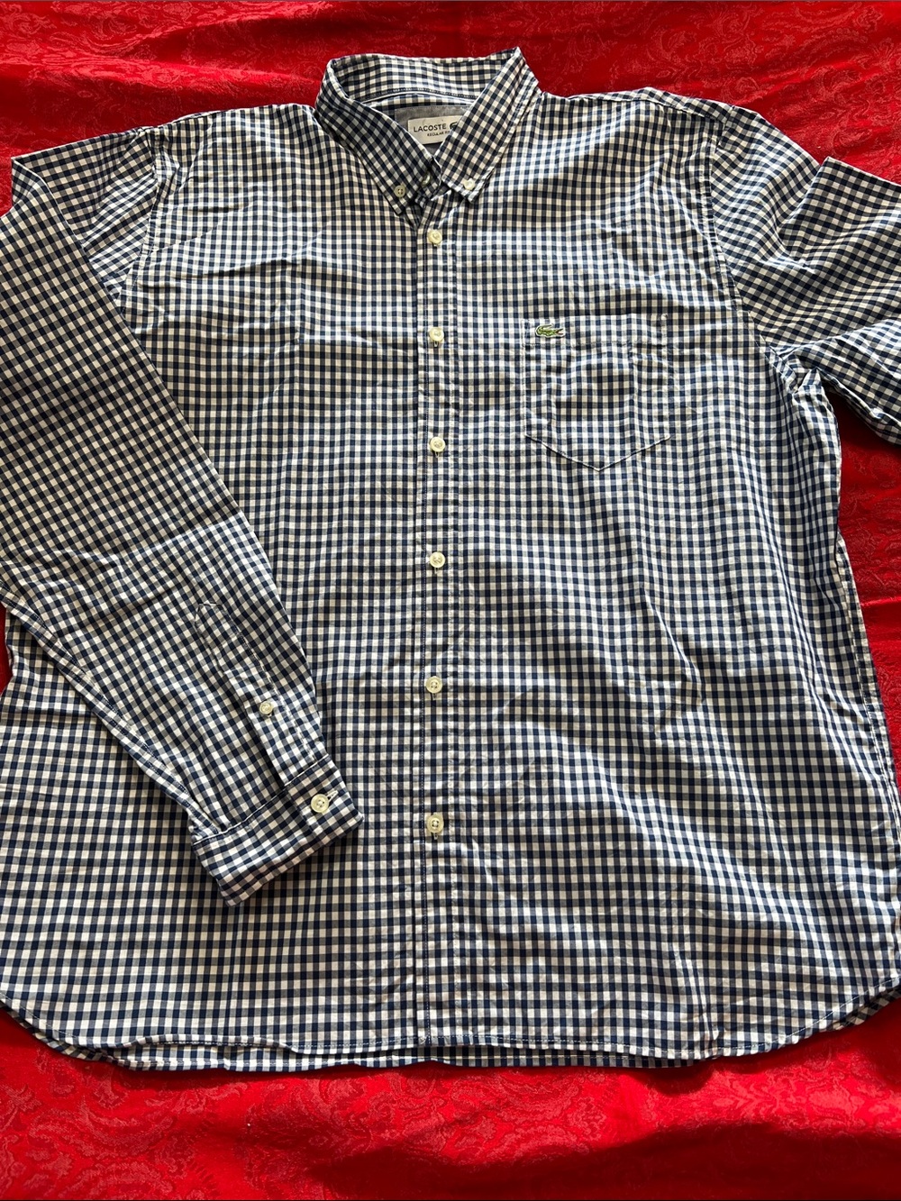 Lacoste Regular Fit Blue White Gingham Button-Down Shirt Men's XL Long Sleeve